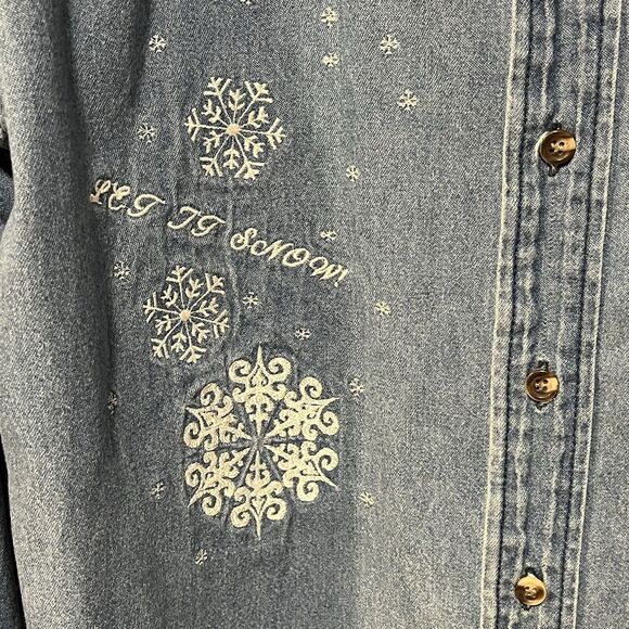 Denim Gear Women’s Long Sleeve Denim Button Up Shirt Embroidered Snowman Size S - Picture 6 of 13